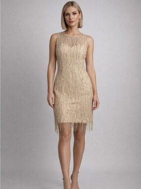 Vintage cream Beaded Fringe Cocktail Gatsby Style Evening Party size 8 silk